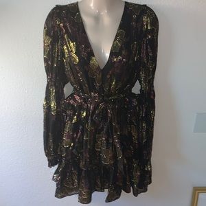 ULLA JOHNSON RARE SHINY METALLIC FLORAL PATERN RUFFLED MINI DRESS Black Gold 6